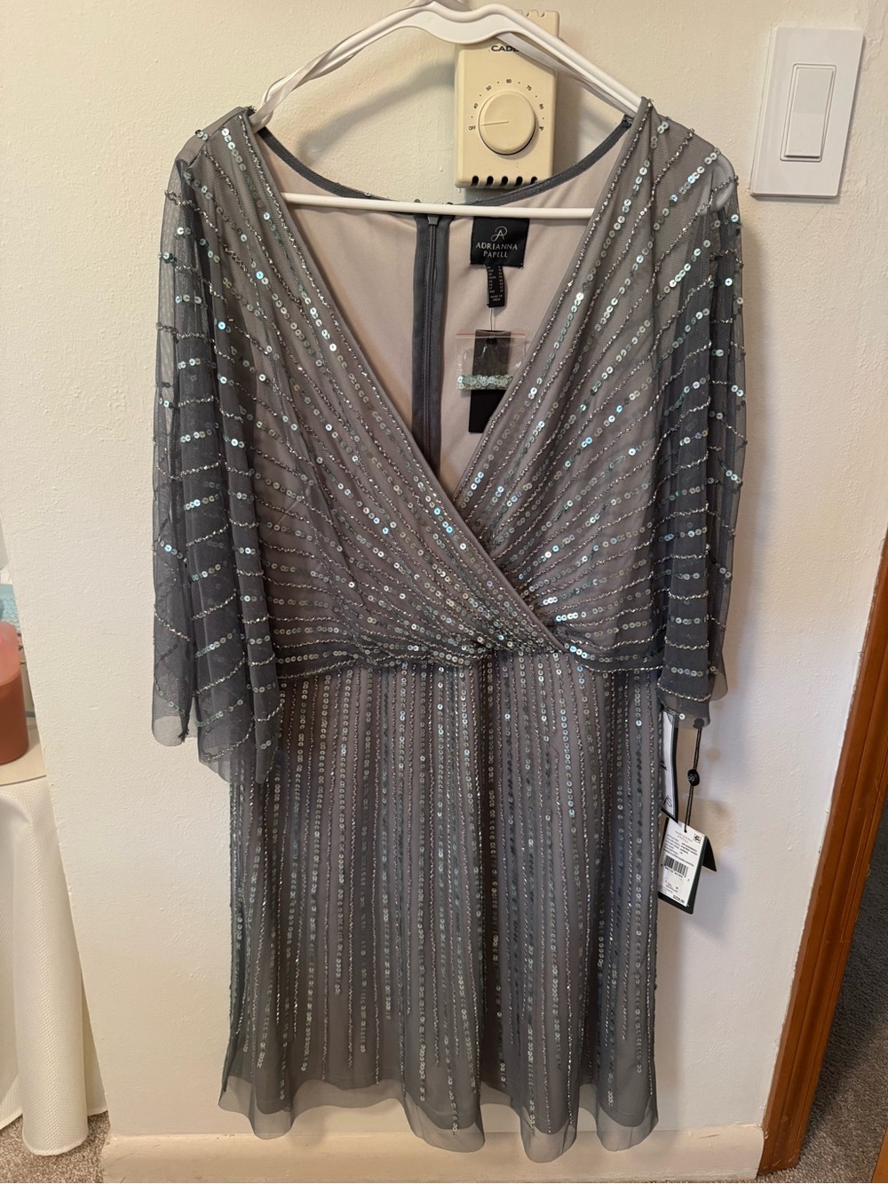 Adrianna Papell Gray Sequin Midi Dress with Flutter Sleeves